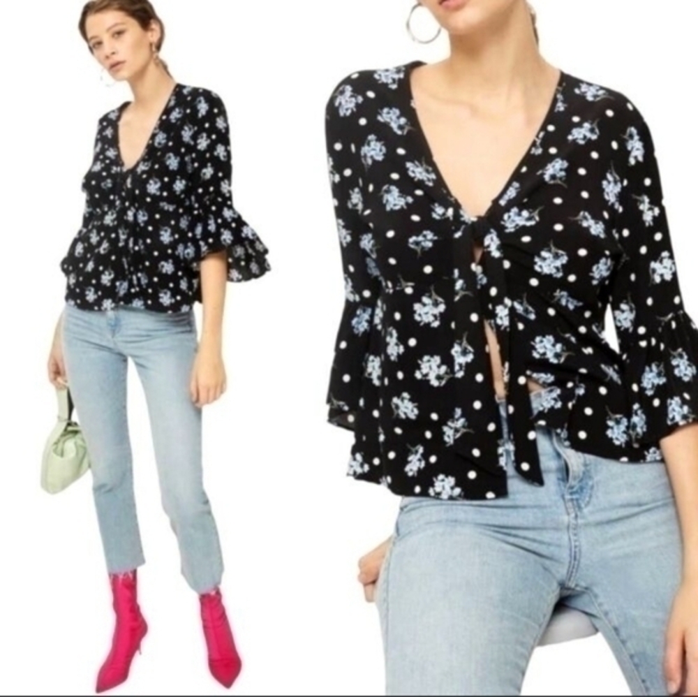 [Topshop] Blue Floral Flare Sleeve Blouse - Size 6